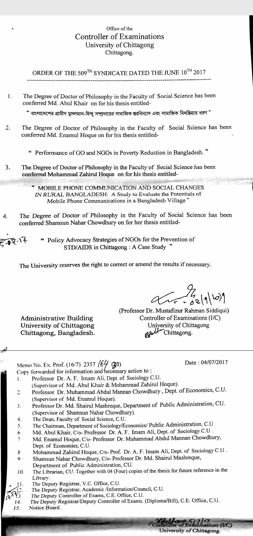 Chittagong University, Order of the 509th Syndicate Dated the June 10th 2017